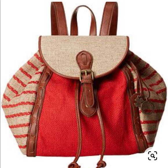 Lucky Brand Handbags - Lucky Brand Kendal Orange and Tan Boho Linen Blend Backpack Style Bag